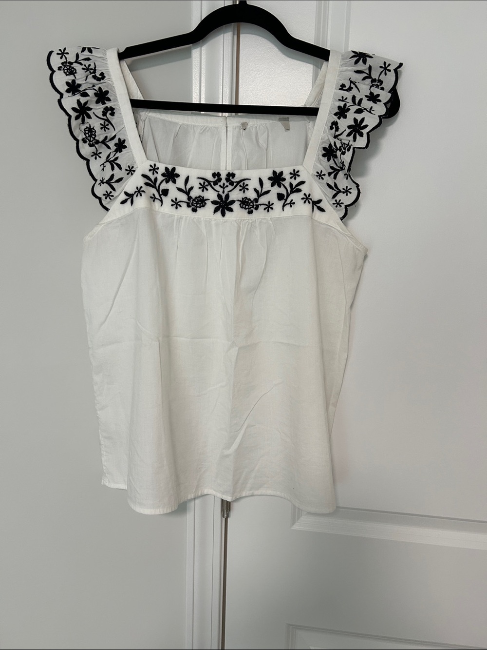 LOFT White Tank Top with Black Floral Embroidery